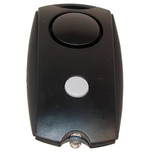 black mini personal alarm top view button and light