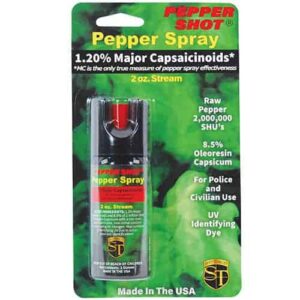 pepper shot 2 oz pepper spray canister in green packaging