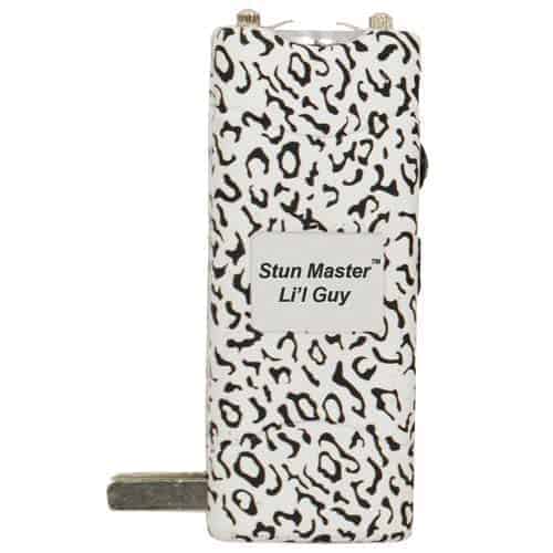 white and black leopard print lil guy stun gun front view showing charger