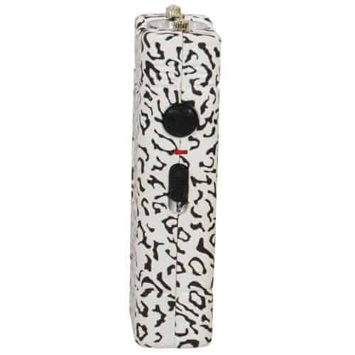 white and black leopard print lil guy stun gun side view showing buttons