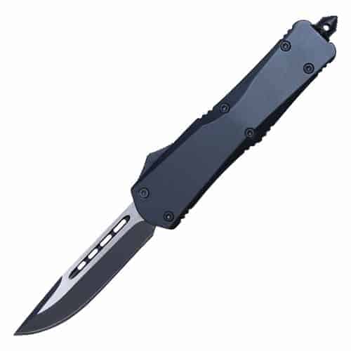 otf out the front automatic knife single edge blade open back view