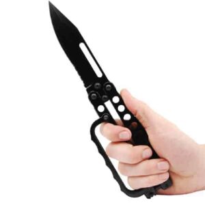extra large black butterfly knife bilisong with knuckles open in hand