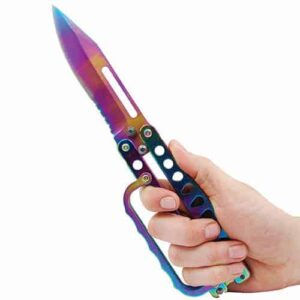 extra large rainbow butterfly knife bilisong with knuckles open in hand