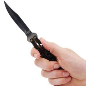 black butterfly knife bilisong open in hand