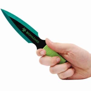 green throwing knife biohazard in hand