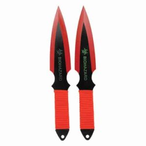 2 red throwing knives in hand biohazard