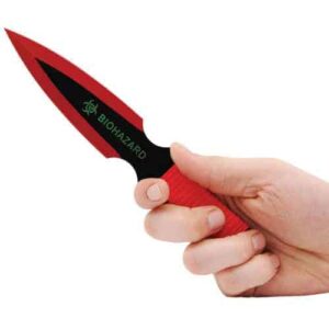 red throwing knife in hand biohazard