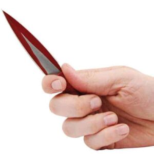 red throwing knife in hand