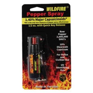 wild fire pepper spray with key chain and belt clip in packaging