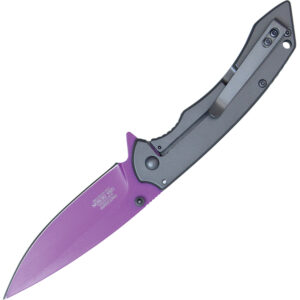 wartech pocket knife nickel handle purple blade open pocket clip