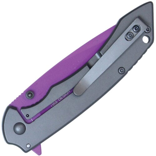 wartech pocket knife nickel handle purple blade closed pocket clip