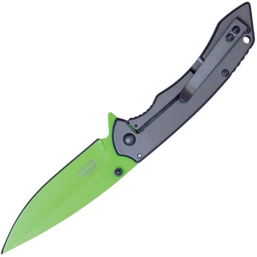wartech pocket knife nickel handle green blade open pocket clip