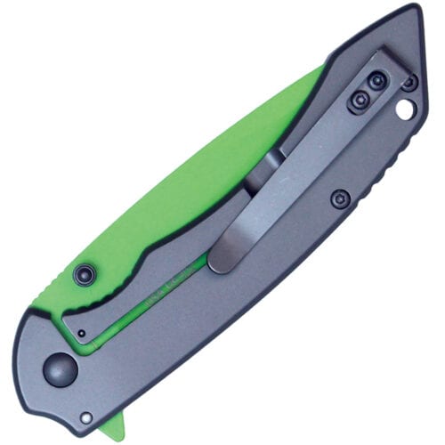wartech pocket knife nickel handle green blade closed pocket clip