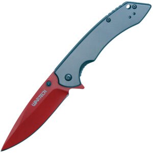 wartech pocket knife nickel handle red blade open