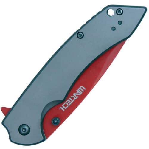 wartech pocket knife nickel handle red blade closed