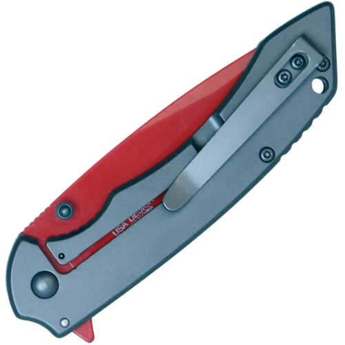 wartech pocket knife nickel handle red blade closed pocket clip
