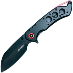 wartech pocket knife black and red handle black blade open