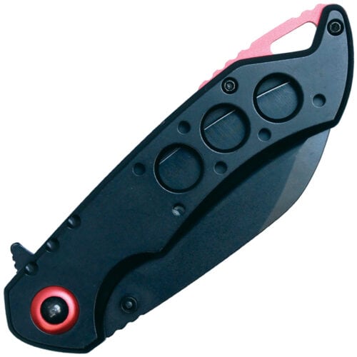 wartech pocket knife black and red handle black blade closed