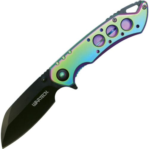 wartech pocket knife black blade rainbow handle open