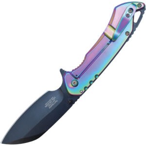 wartech pocket knife black blade rainbow handle open pocket clip