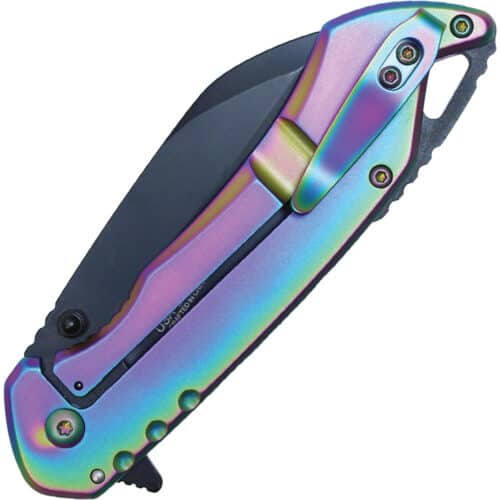 wartech pocket knife black blade rainbow handle closed pocket clip