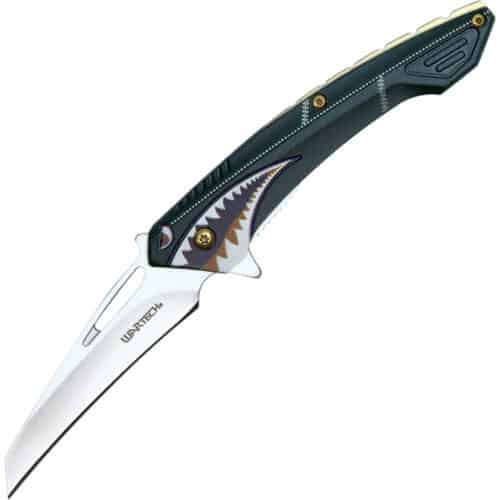 wartech pocket knife closed silver blade open black handle